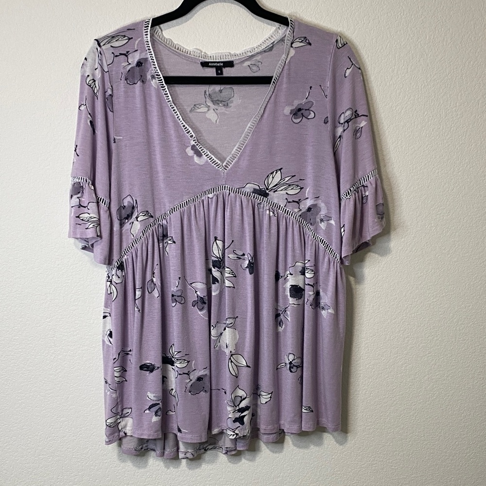 Annabelle Lavender Floral V-Neck Women’s Top Purple Bell Short Sleeve Peplum